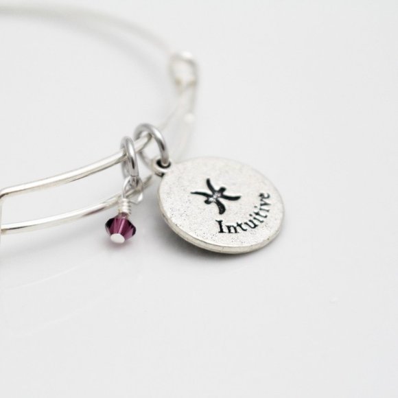 February Pisces Adjustable Charm Bangle - Handmade Zodiac Bracelet - Picture 10 of 11